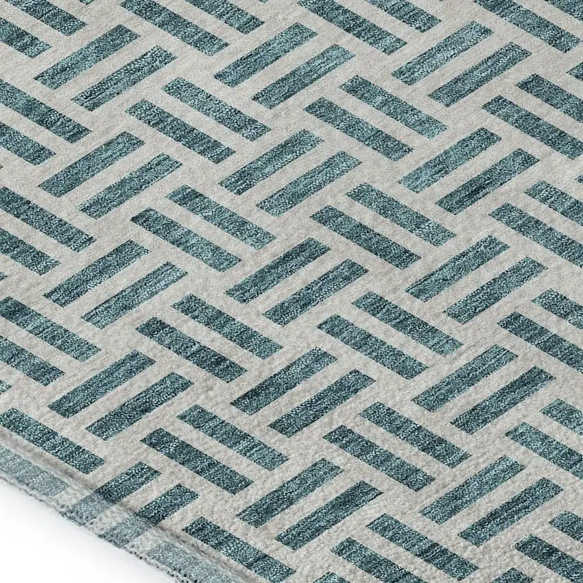 Teal And Ivory Geometric Washable Area Rug With UV Protection Photo 2
