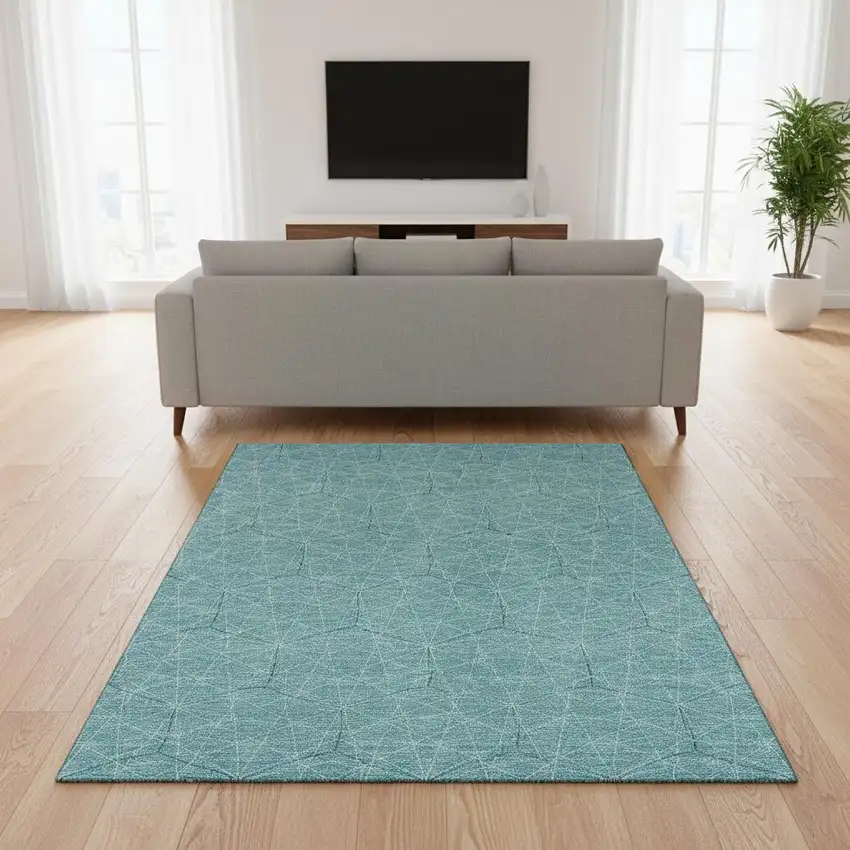 Teal And Ivory Geometric Washable Area Rug With UV Protection Photo 2