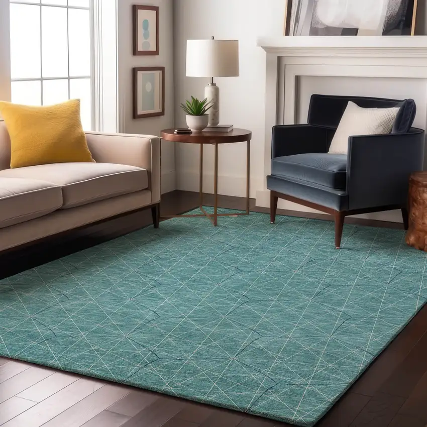 Teal And Ivory Geometric Washable Area Rug With UV Protection Photo 4
