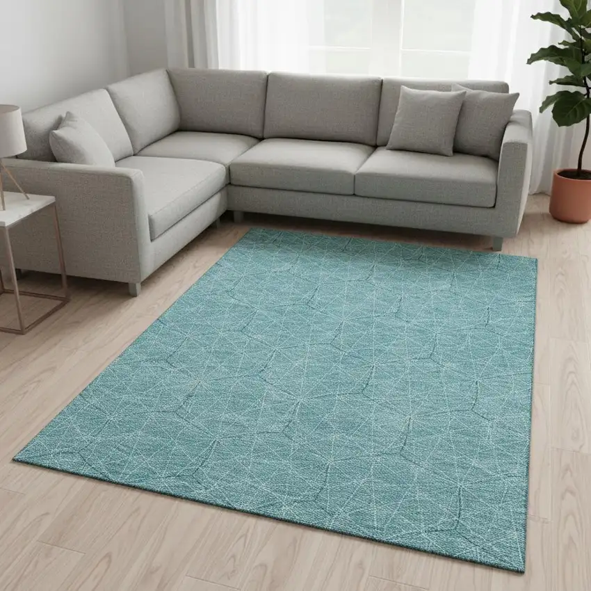 Teal And Ivory Geometric Washable Area Rug With UV Protection Photo 2