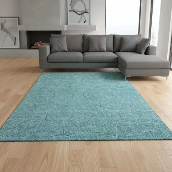 Teal And Ivory Geometric Washable Area Rug With UV Protection Photo 2