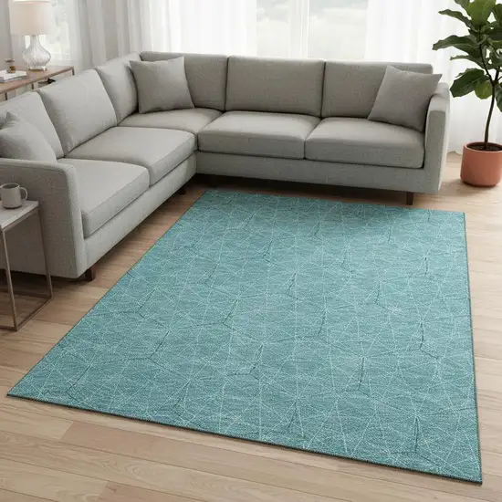 Teal And Ivory Geometric Washable Area Rug With UV Protection Photo 2