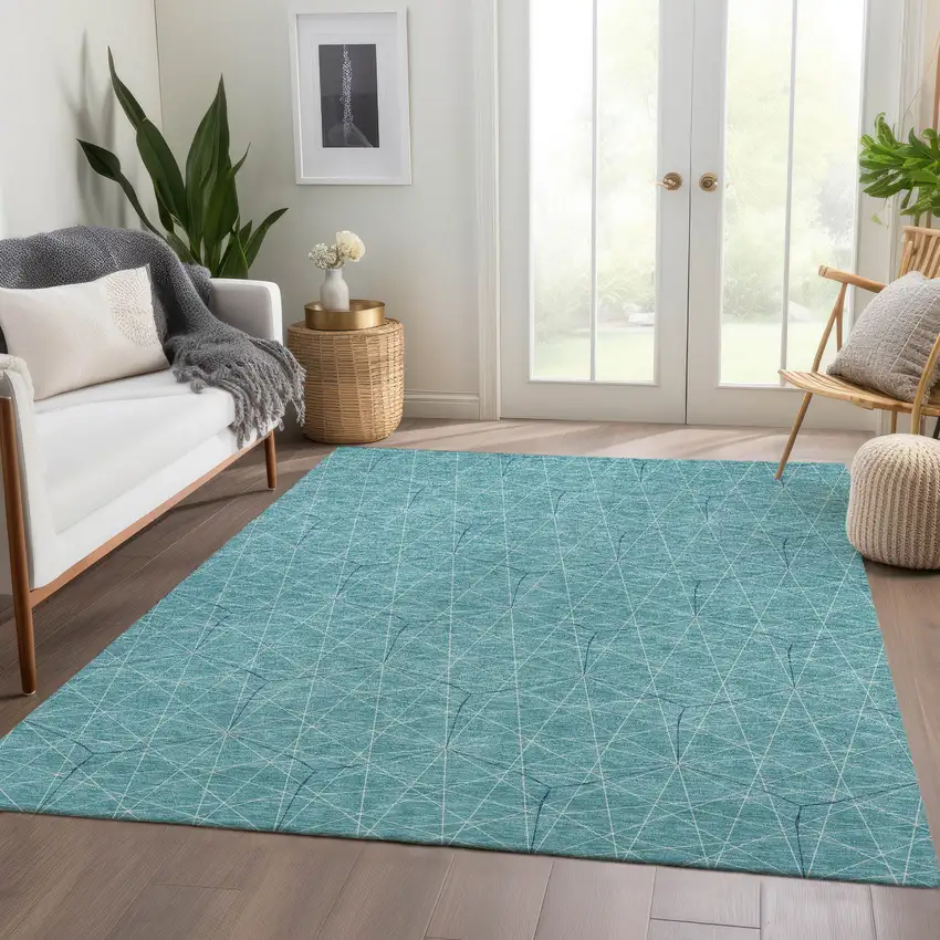 Teal And Ivory Geometric Washable Area Rug With UV Protection Photo 4