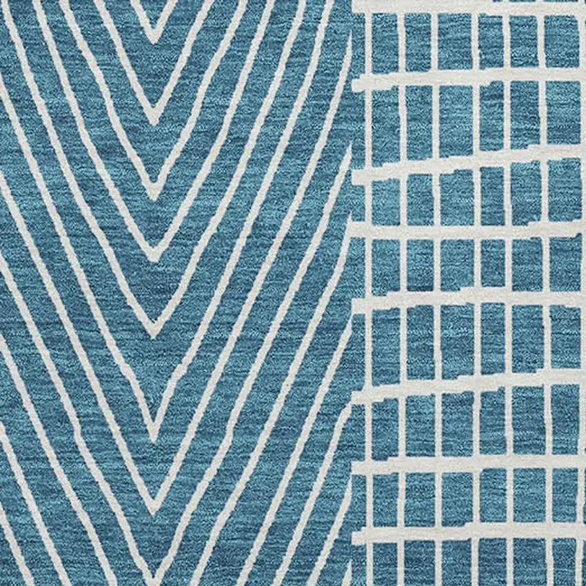 Teal And Ivory Geometric Washable Area Rug With UV Protection Photo 2
