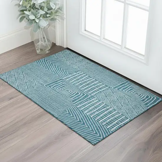 Teal And Ivory Geometric Washable Area Rug With UV Protection Photo 2