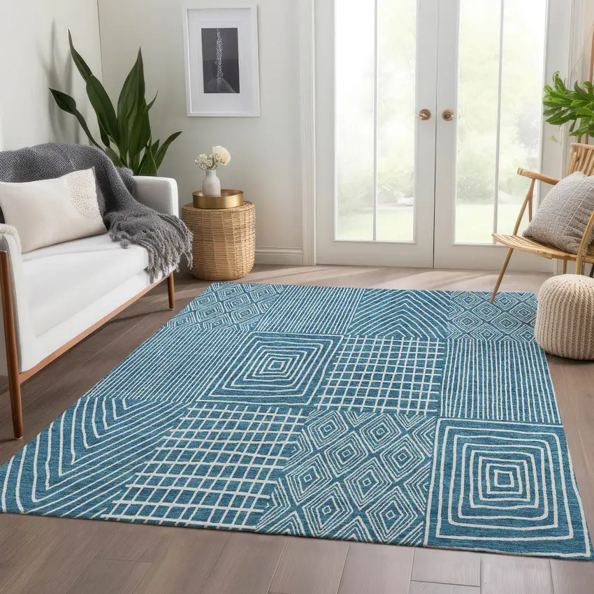 Teal And Ivory Geometric Washable Area Rug With UV Protection Photo 4