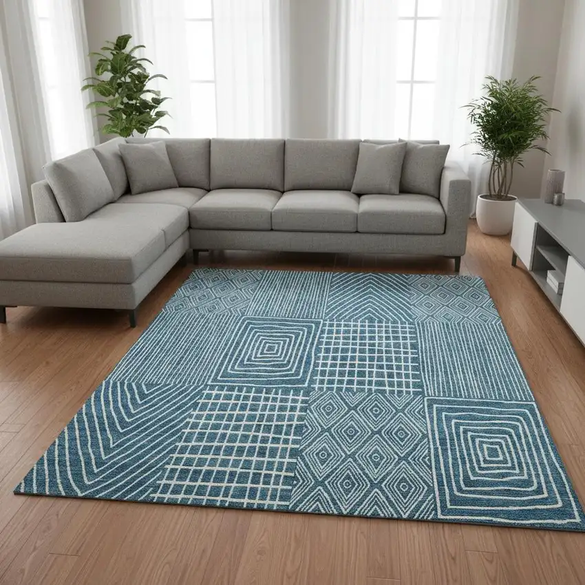 Teal And Ivory Geometric Washable Area Rug With UV Protection Photo 2
