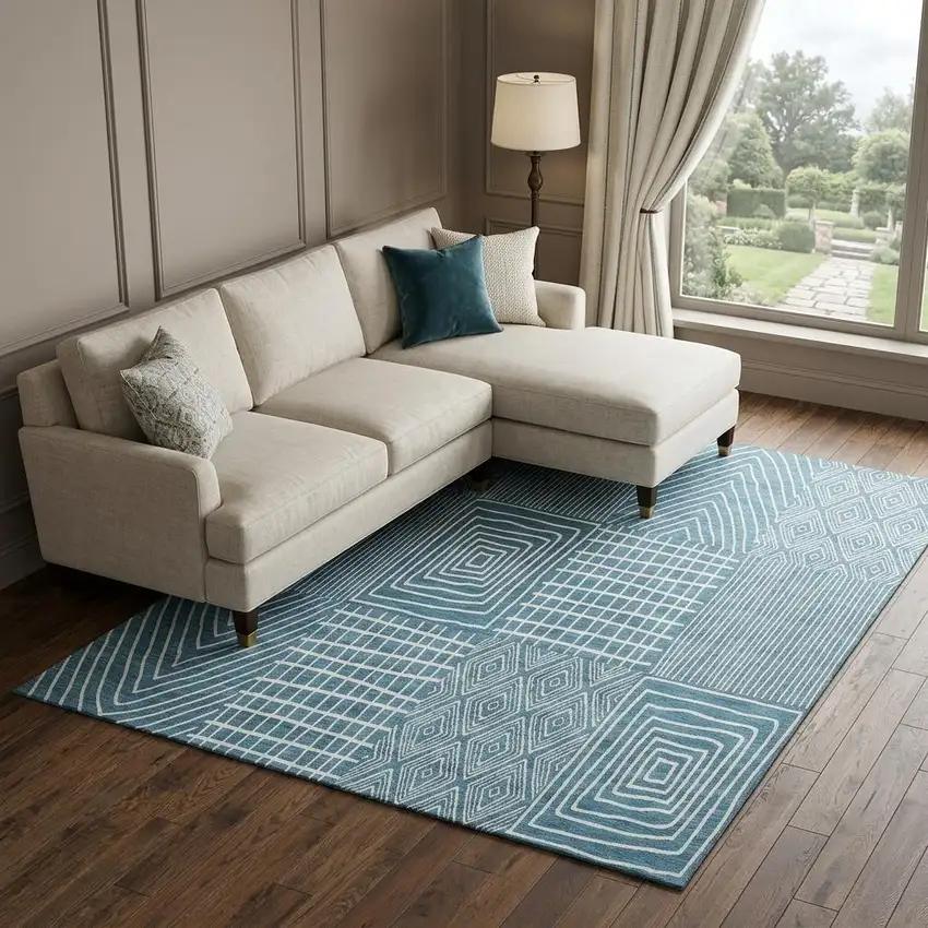 Teal And Ivory Geometric Washable Area Rug With UV Protection Photo 1