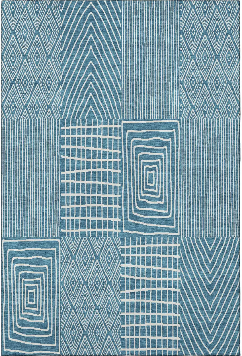 Teal And Ivory Geometric Washable Area Rug With UV Protection Photo 3