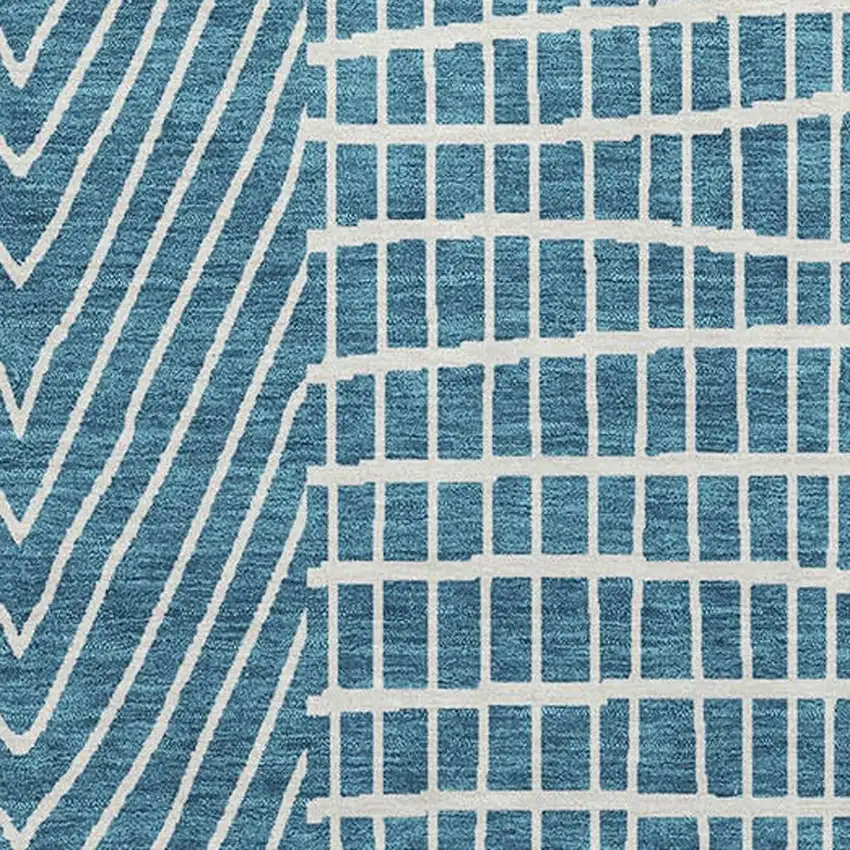 Teal And Ivory Geometric Washable Area Rug With UV Protection Photo 2