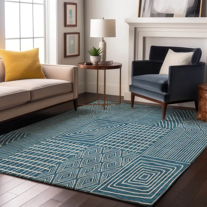 Teal And Ivory Geometric Washable Area Rug With UV Protection Photo 4