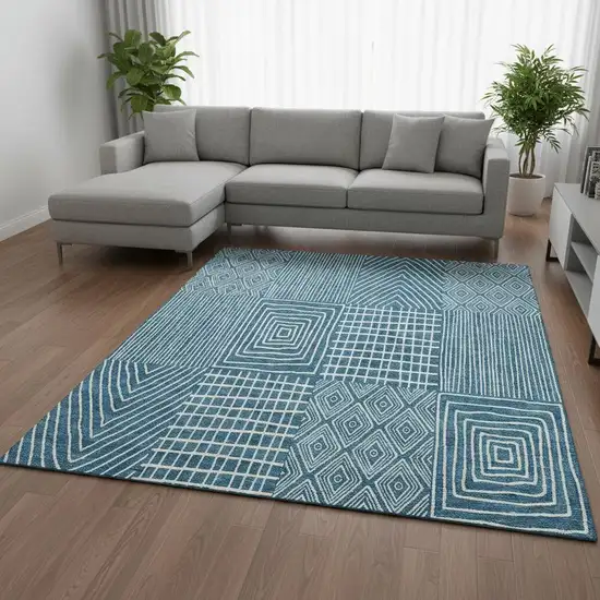 Teal And Ivory Geometric Washable Area Rug With UV Protection Photo 2
