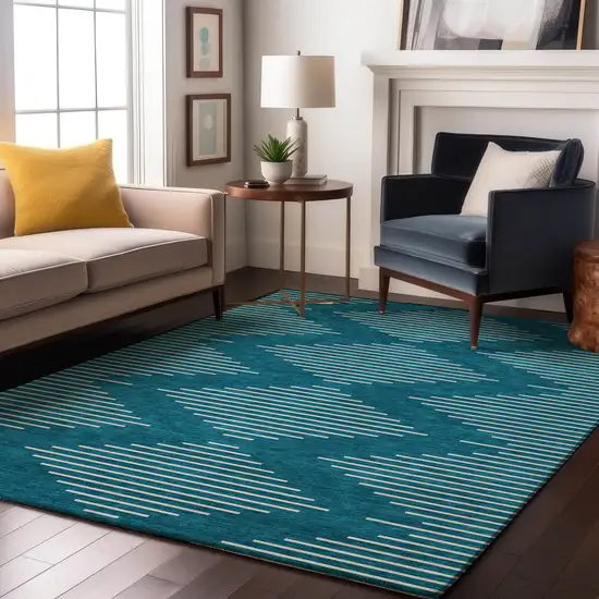 Teal And Ivory Geometric Washable Area Rug With UV Protection Photo 4
