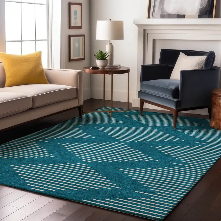 Teal And Ivory Geometric Washable Area Rug With UV Protection Photo 4