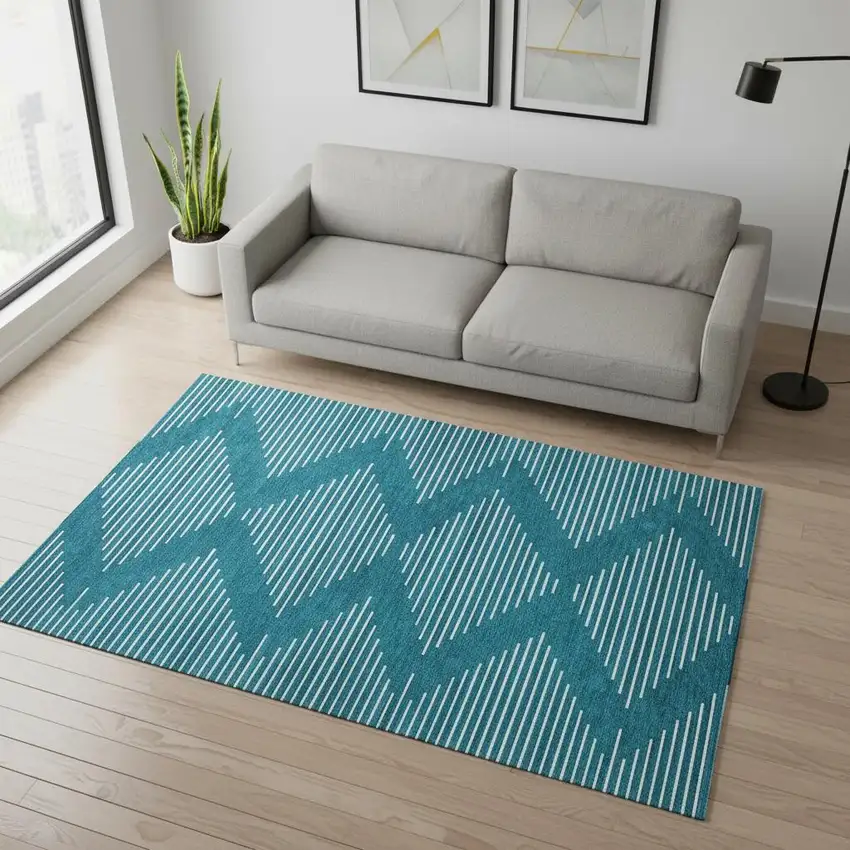 Teal And Ivory Geometric Washable Area Rug With UV Protection Photo 2