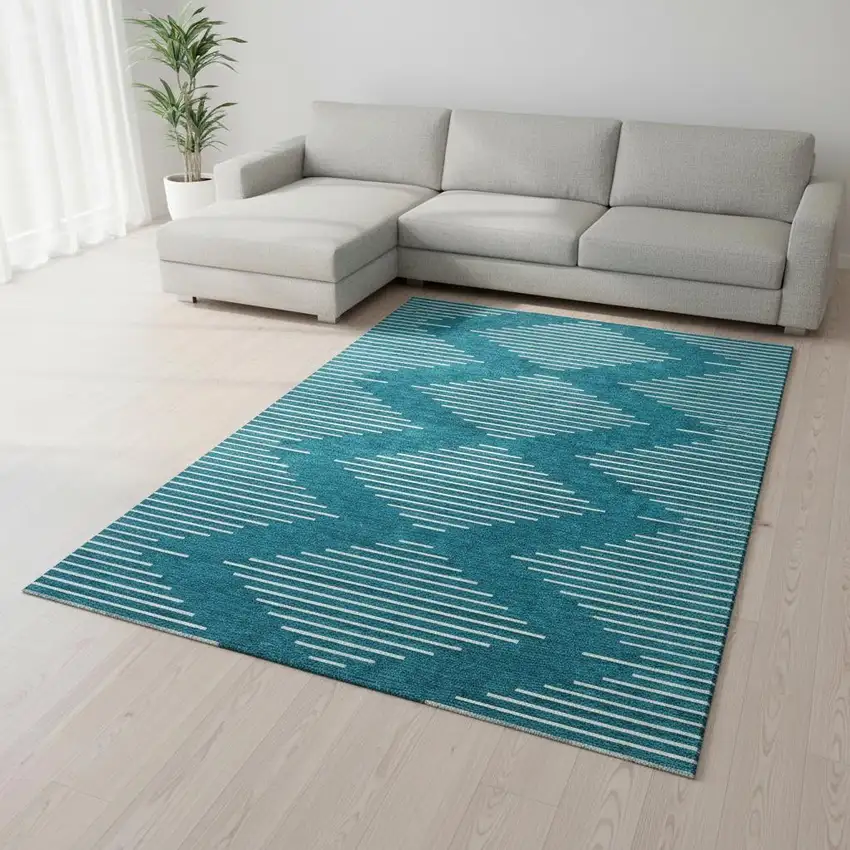 Teal And Ivory Geometric Washable Area Rug With UV Protection Photo 2