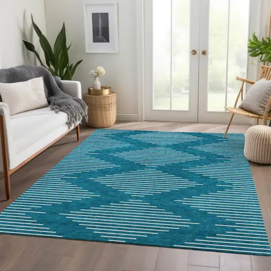 Teal And Ivory Geometric Washable Area Rug With UV Protection Photo 4