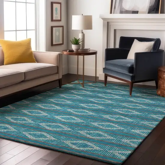 Teal And Ivory Geometric Washable Area Rug With UV Protection Photo 3