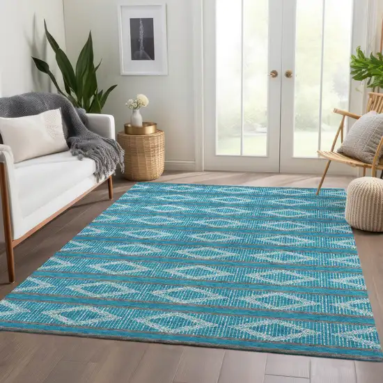 Teal And Ivory Geometric Washable Area Rug With UV Protection Photo 4