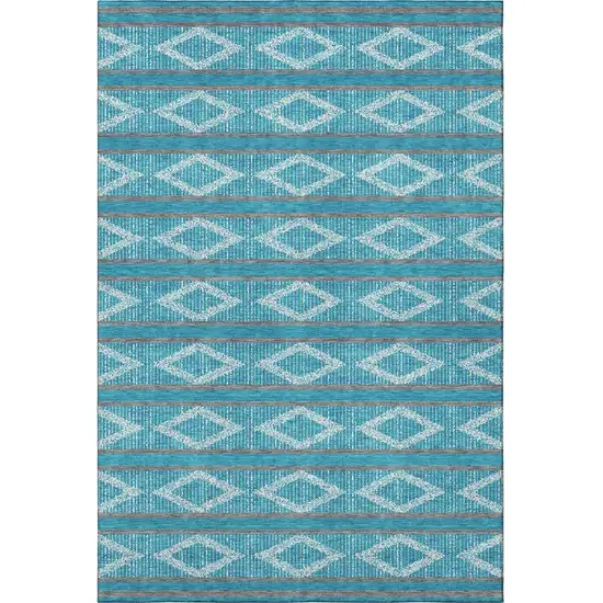 Teal And Ivory Geometric Washable Area Rug With UV Protection Photo 3