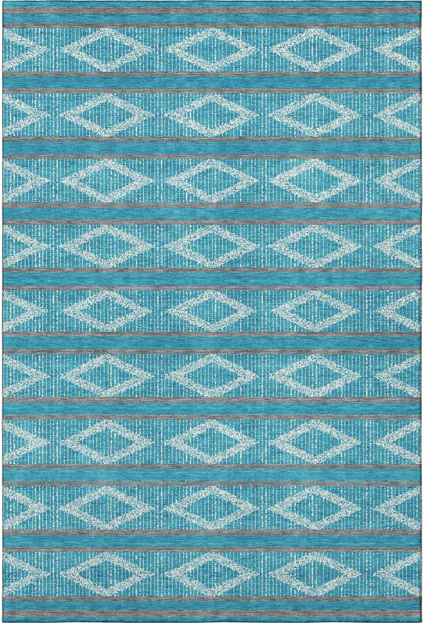 Teal And Ivory Geometric Washable Area Rug With UV Protection Photo 3