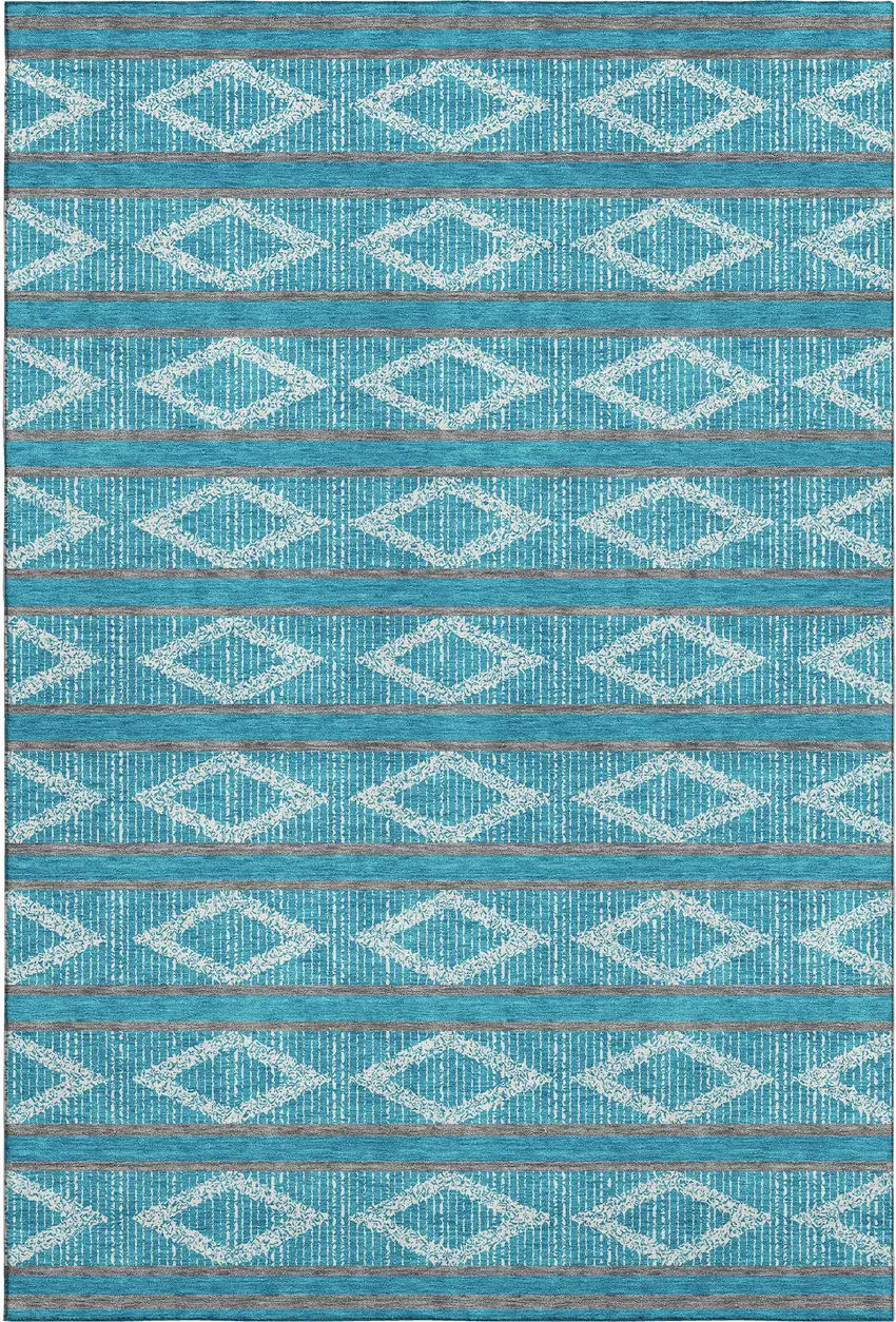 Teal And Ivory Geometric Washable Area Rug With UV Protection Photo 1