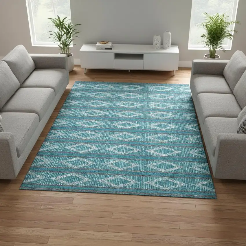 Teal And Ivory Geometric Washable Area Rug With UV Protection Photo 2