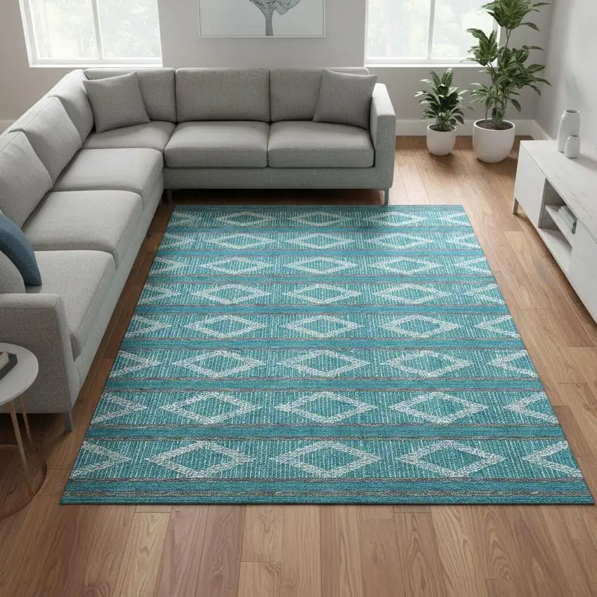 Teal And Ivory Geometric Washable Area Rug With UV Protection Photo 2