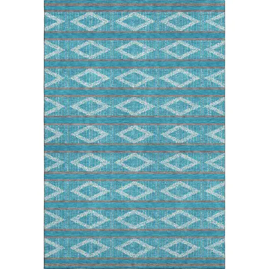 Teal And Ivory Geometric Washable Area Rug With UV Protection Photo 1