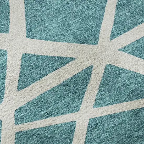 Teal And Ivory Geometric Washable Area Rug With UV Protection Photo 9
