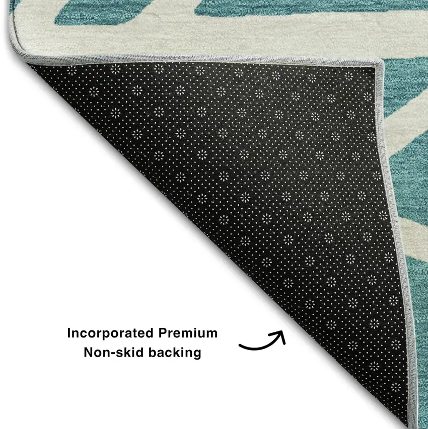 Teal And Ivory Geometric Washable Area Rug With UV Protection Photo 5