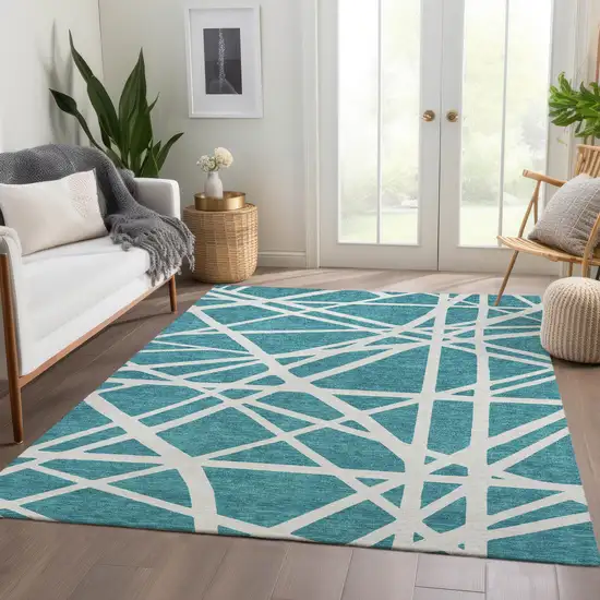 Teal And Ivory Geometric Washable Area Rug With UV Protection Photo 5