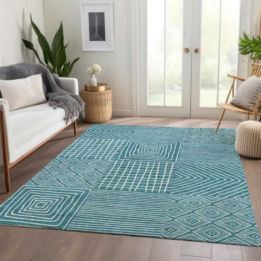 Teal And Ivory Geometric Washable Area Rug With UV Protection Photo 5