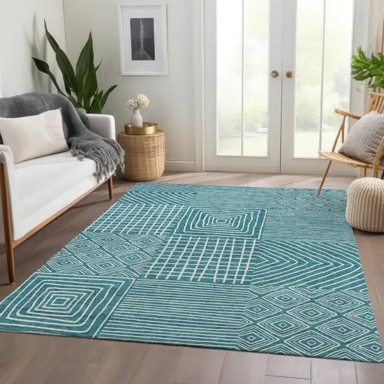 Teal And Ivory Geometric Washable Area Rug With UV Protection Photo 5