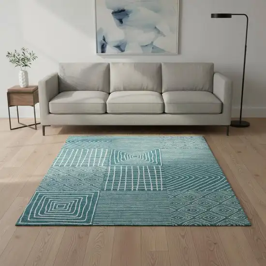 Teal And Ivory Geometric Washable Area Rug With UV Protection Photo 2