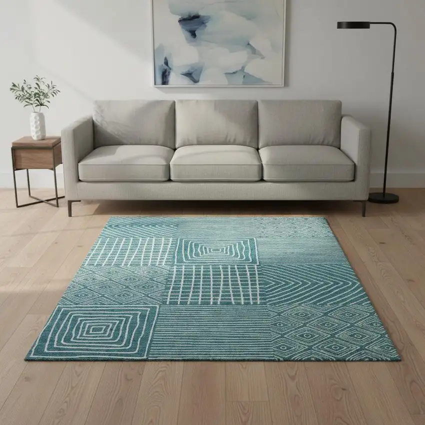 Teal And Ivory Geometric Washable Area Rug With UV Protection Photo 2