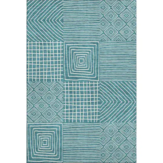 Teal And Ivory Geometric Washable Area Rug With UV Protection Photo 1