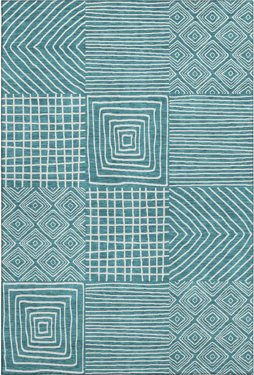 Teal And Ivory Geometric Washable Area Rug With UV Protection Photo 1