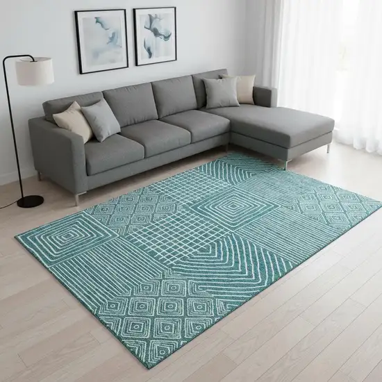 Teal And Ivory Geometric Washable Area Rug With UV Protection Photo 2