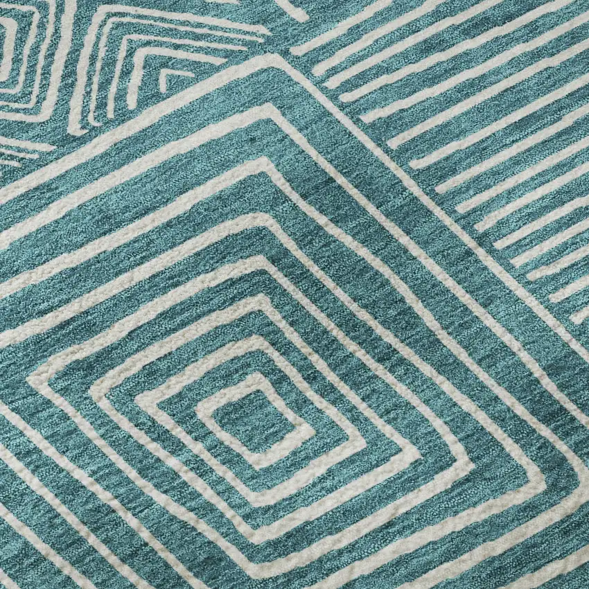 Teal And Ivory Geometric Washable Area Rug With UV Protection Photo 8