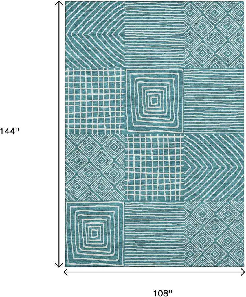 Teal And Ivory Geometric Washable Area Rug With UV Protection Photo 9