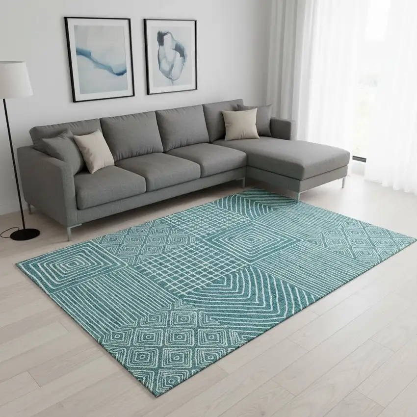 Teal And Ivory Geometric Washable Area Rug With UV Protection Photo 2