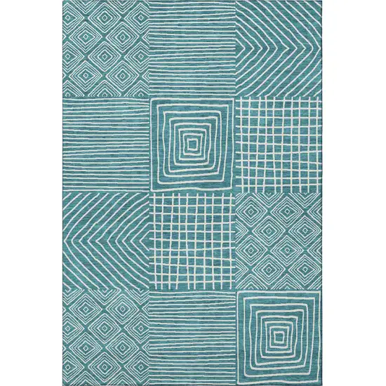 Teal And Ivory Geometric Washable Area Rug With UV Protection Photo 3