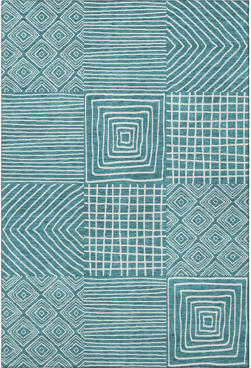 Teal And Ivory Geometric Washable Area Rug With UV Protection Photo 3