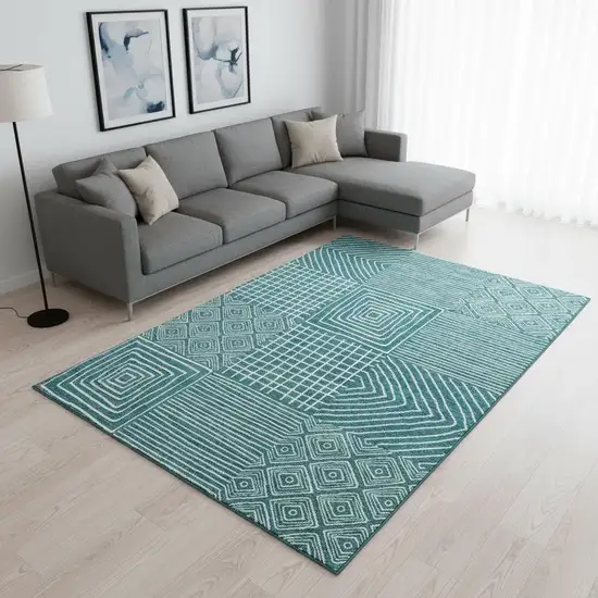 Teal And Ivory Geometric Washable Area Rug With UV Protection Photo 2