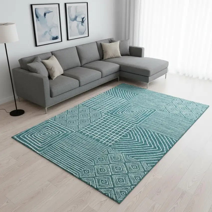 Teal And Ivory Geometric Washable Area Rug With UV Protection Photo 2