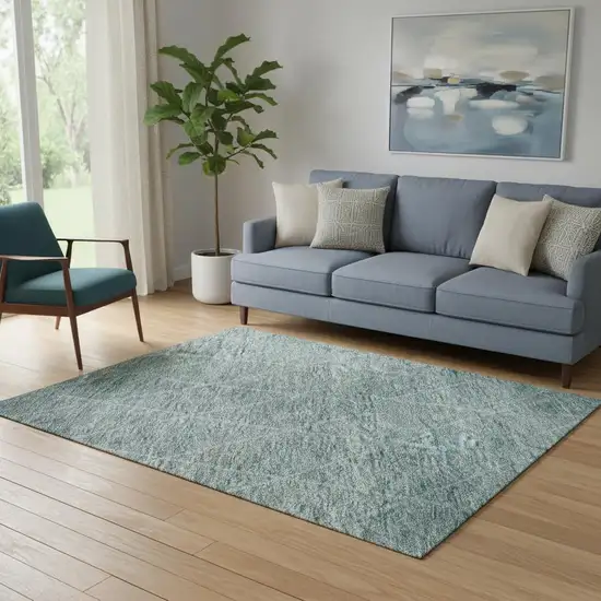 Teal And Ivory Geometric Washable Area Rug With UV Protection Photo 2