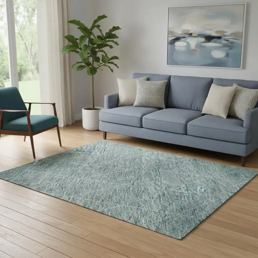 Teal And Ivory Geometric Washable Area Rug With UV Protection Photo 2