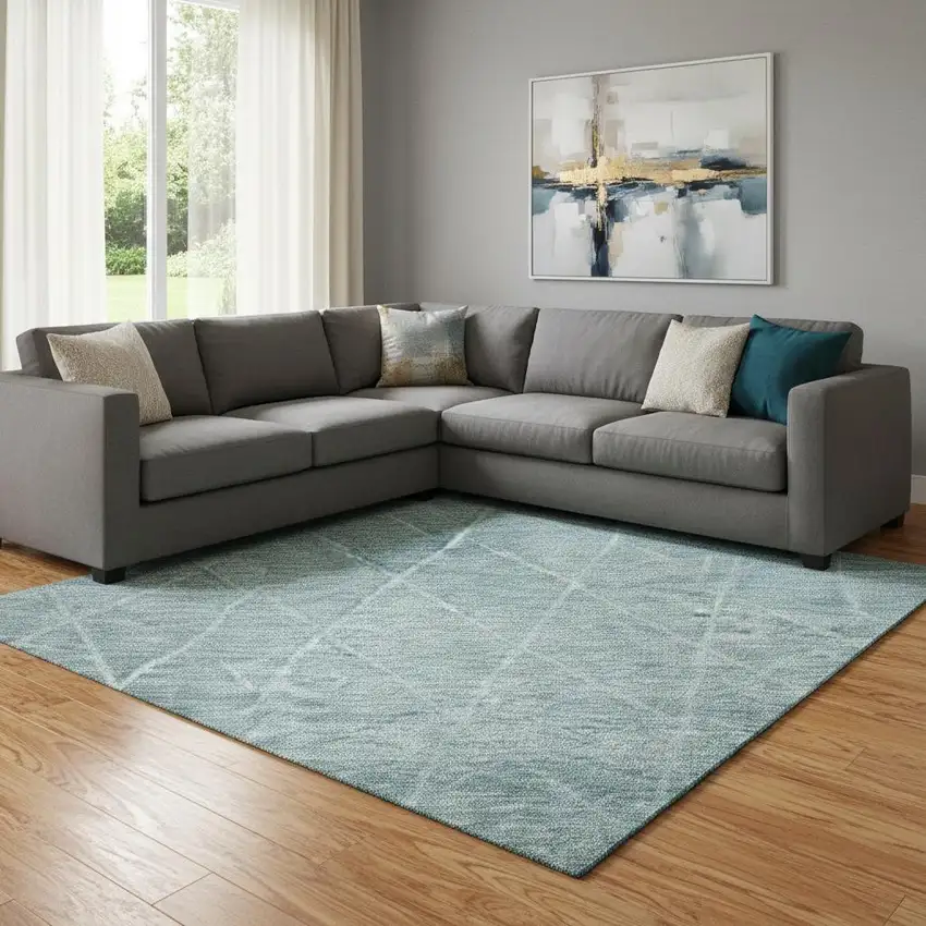 Teal And Ivory Geometric Washable Area Rug With UV Protection Photo 2