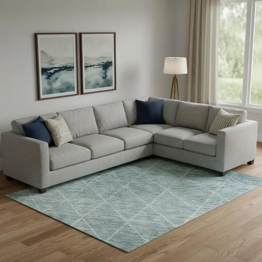 Teal And Ivory Geometric Washable Area Rug With UV Protection Photo 2